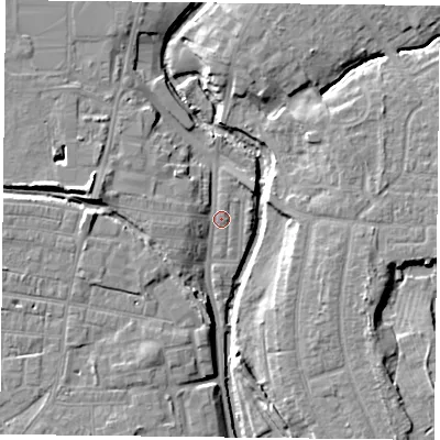 Shaded relief map of the ground around YO318RT, computed from Environment Agency LiDAR. The ground here sits at about 10 m above sea level and falls 9 m across the surrounding 800 m. Surface water reaching this point runs off ground lying to the west, 5.7 m higher.