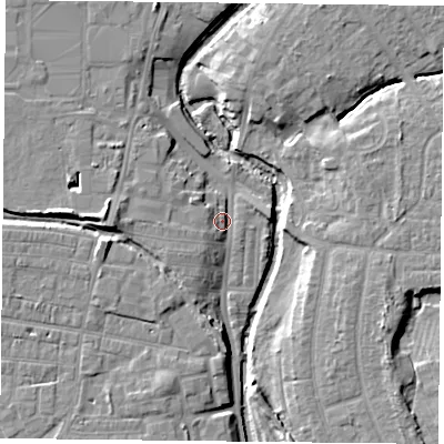 Shaded relief map of the ground around YO318RU, computed from Environment Agency LiDAR. The ground here sits at about 11 m above sea level and falls 9 m across the surrounding 800 m. Surface water reaching this point runs off ground lying to the west, 6.2 m higher.
