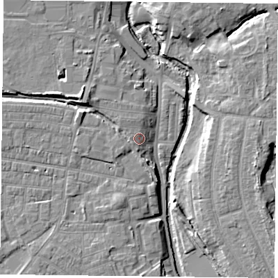 Shaded relief map of the ground around YO318RX, computed from Environment Agency LiDAR. The ground here sits at about 13 m above sea level and falls 9 m across the surrounding 800 m. Surface water reaching this point runs off ground lying to the west-north-west, 4.5 m higher.