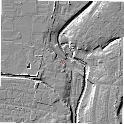 Shaded relief map of the ground around YO318SB, computed from Environment Agency LiDAR. The ground here sits at about 11 m above sea level and falls 9 m across the surrounding 800 m. Surface water reaching this point runs off ground lying to the south-west, 6.5 m higher.