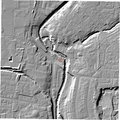 Shaded relief map of the ground around YO318SE, computed from Environment Agency LiDAR. The ground here sits at about 10 m above sea level and falls 9 m across the surrounding 800 m. Surface water reaching this point runs off ground lying to the west-south-west, 8.4 m higher.