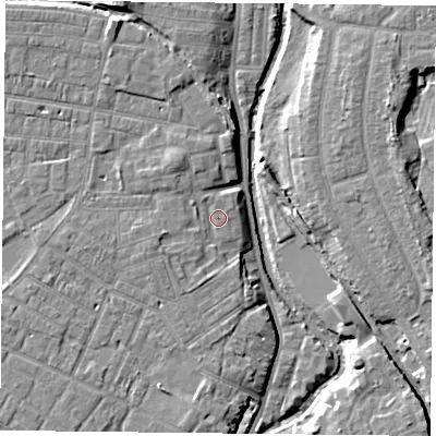 Shaded relief map of the ground around YO318SU, computed from Environment Agency LiDAR. The ground here sits at about 12 m above sea level and falls 9 m across the surrounding 800 m. Surface water reaching this point runs off ground lying to the north-west, 2.5 m higher.