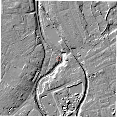 Shaded relief map of the ground around YO318WD, computed from Environment Agency LiDAR. The ground here sits at about 9 m above sea level and falls 10 m across the surrounding 800 m. Surface water reaching this point runs off ground lying to the east-south-east, 6.2 m higher.