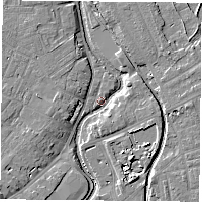 Shaded relief map of the ground around YO318YX, computed from Environment Agency LiDAR. The ground here sits at about 10 m above sea level and falls 9 m across the surrounding 800 m. Surface water reaching this point runs off ground lying to the south-east, 5.4 m higher.