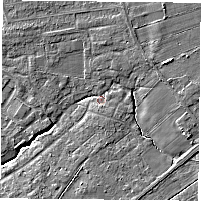 Shaded relief map of the ground around YO319AN, computed from Environment Agency LiDAR. The ground here sits at about 13 m above sea level and falls 6 m across the surrounding 800 m. Surface water reaching this point runs off ground lying to the east-south-east, 4.6 m higher.