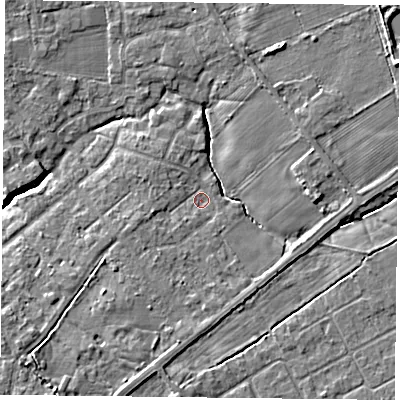 Shaded relief map of the ground around YO319AP, computed from Environment Agency LiDAR. The ground here sits at about 13 m above sea level and falls 7 m across the surrounding 800 m. Surface water reaching this point runs off ground lying to the west-south-west, 1.7 m higher.