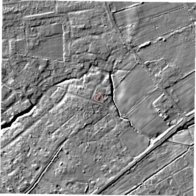 Shaded relief map of the ground around YO319AW, computed from Environment Agency LiDAR. The ground here sits at about 14 m above sea level and falls 5 m across the surrounding 800 m. Surface water reaching this point runs off ground lying to the west-south-west, 0.7 m higher.