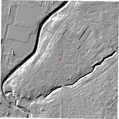 Shaded relief map of the ground around YO319AZ, computed from Environment Agency LiDAR. The ground here sits at about 14 m above sea level and falls 8 m across the surrounding 800 m. Surface water reaching this point runs off ground lying to the north, 1.1 m higher.