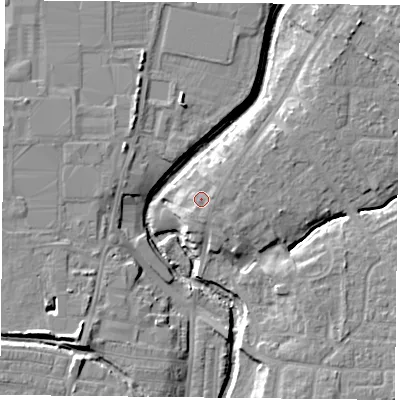 Shaded relief map of the ground around YO319BF, computed from Environment Agency LiDAR. The ground here sits at about 13 m above sea level and falls 9 m across the surrounding 800 m. Surface water reaching this point runs off ground lying to the east, 1.3 m higher.