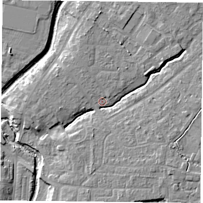 Shaded relief map of the ground around YO319BG, computed from Environment Agency LiDAR. The ground here sits at about 12 m above sea level and falls 8 m across the surrounding 800 m. Surface water reaching this point runs off ground lying to the north-north-east, 5.8 m higher.