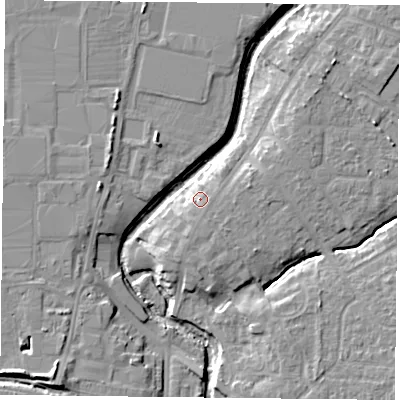 Shaded relief map of the ground around YO319BP, computed from Environment Agency LiDAR. The ground here sits at about 13 m above sea level and falls 9 m across the surrounding 800 m. The ground contributing surface water to this point lies to the south-south-east.