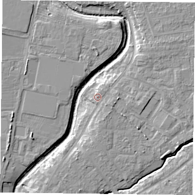 Shaded relief map of the ground around YO319BR, computed from Environment Agency LiDAR. The ground here sits at about 14 m above sea level and falls 7 m across the surrounding 800 m. Surface water reaching this point runs off ground lying to the north-east, 1.6 m higher.
