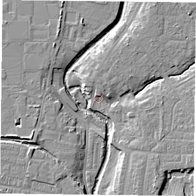 Shaded relief map of the ground around YO319BW, computed from Environment Agency LiDAR. The ground here sits at about 11 m above sea level and falls 9 m across the surrounding 800 m. Surface water reaching this point runs off ground lying to the north-north-east, 2.8 m higher.