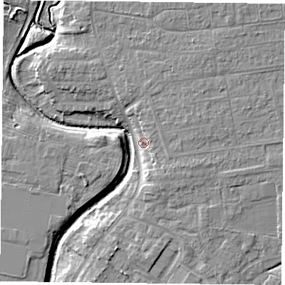 Shaded relief map of the ground around YO319DA, computed from Environment Agency LiDAR. The ground here sits at about 13 m above sea level and falls 7 m across the surrounding 800 m. Surface water reaching this point runs off ground lying to the east-south-east, 4.7 m higher.