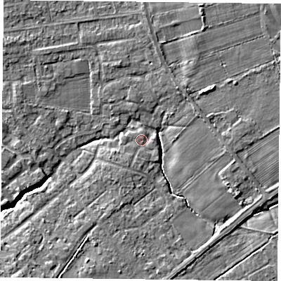 Shaded relief map of the ground around YO319DY, computed from Environment Agency LiDAR. The ground here sits at about 13 m above sea level and falls 5 m across the surrounding 800 m. Surface water reaching this point runs off ground lying to the south-south-west, 1.3 m higher.