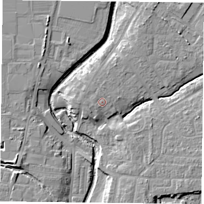 Shaded relief map of the ground around YO319FD, computed from Environment Agency LiDAR. The ground here sits at about 13 m above sea level and falls 9 m across the surrounding 800 m. Surface water reaching this point runs off ground lying to the north-north-west, 1.0 m higher.