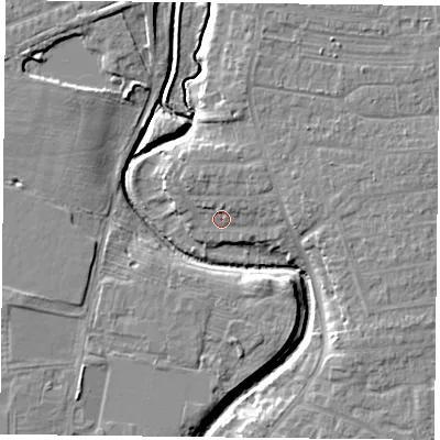 Shaded relief map of the ground around YO319HN, computed from Environment Agency LiDAR. The ground here sits at about 12 m above sea level and falls 7 m across the surrounding 800 m. Surface water reaching this point runs off ground lying to the north-east, 3.1 m higher.