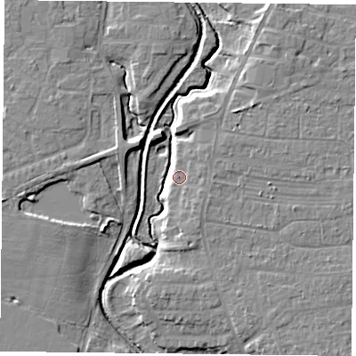 Shaded relief map of the ground around YO319JS, computed from Environment Agency LiDAR. The ground here sits at about 13 m above sea level and falls 8 m across the surrounding 800 m. Surface water reaching this point runs off ground lying to the north-east, 7.7 m higher.