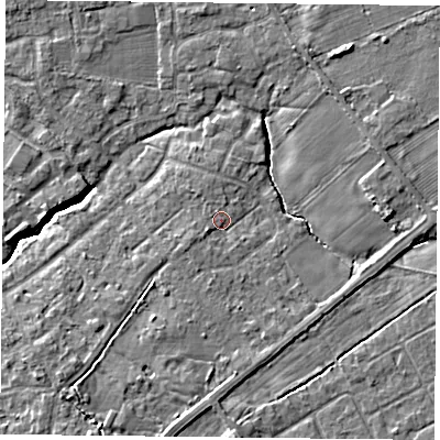 Shaded relief map of the ground around YO319LP, computed from Environment Agency LiDAR. The ground here sits at about 14 m above sea level and falls 6 m across the surrounding 800 m. Surface water reaching this point runs off ground lying to the south-west, 1.2 m higher.