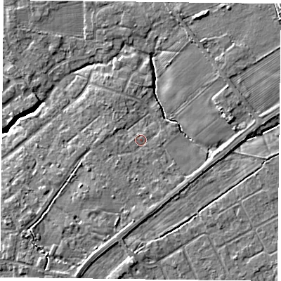 Shaded relief map of the ground around YO319LR, computed from Environment Agency LiDAR. The ground here sits at about 14 m above sea level and falls 6 m across the surrounding 800 m. Surface water reaching this point runs off ground lying to the south-west, 0.9 m higher.