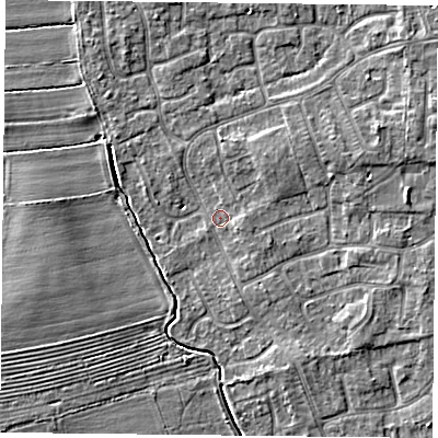 Shaded relief map of the ground around YO322EY, computed from Environment Agency LiDAR. The ground here sits at about 15 m above sea level and falls 4 m across the surrounding 800 m. Surface water reaching this point runs off ground lying to the east, 1.0 m higher.