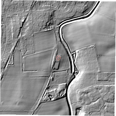 Shaded relief map of the ground around YO322NB, computed from Environment Agency LiDAR. The ground here sits at about 17 m above sea level and falls 10 m across the surrounding 800 m. Surface water reaching this point runs off ground lying to the west-south-west, 1.3 m higher.