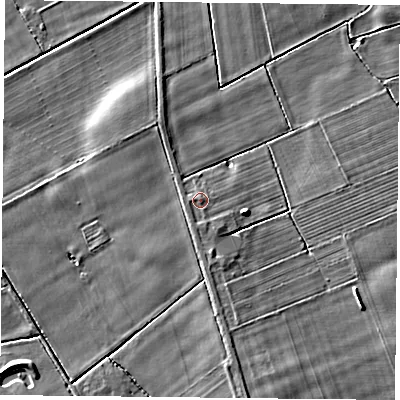 Shaded relief map of the ground around YO322RB, computed from Environment Agency LiDAR. The ground here sits at about 18 m above sea level and falls 5 m across the surrounding 800 m. Surface water reaching this point runs off ground lying to the south-south-east, 0.6 m higher.