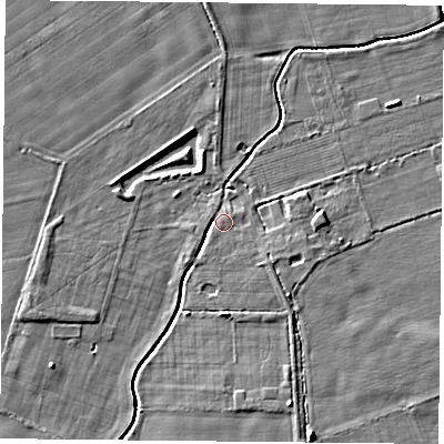 Shaded relief map of the ground around YO322RG, computed from Environment Agency LiDAR. The ground here sits at about 16 m above sea level and falls 5 m across the surrounding 800 m. The ground contributing surface water to this point lies to the east-south-east.