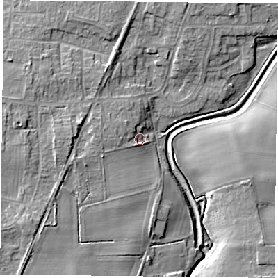 Shaded relief map of the ground around YO322SJ, computed from Environment Agency LiDAR. The ground here sits at about 15 m above sea level and falls 9 m across the surrounding 800 m. Surface water reaching this point runs off ground lying to the west, 4.2 m higher.