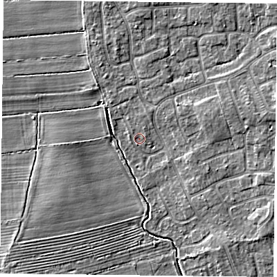 Shaded relief map of the ground around YO322WN, computed from Environment Agency LiDAR. The ground here sits at about 15 m above sea level and falls 4 m across the surrounding 800 m. Surface water reaching this point runs off ground lying to the south-south-west, 0.5 m higher.