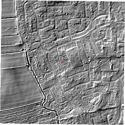 Shaded relief map of the ground around YO322ZL, computed from Environment Agency LiDAR. The ground here sits at about 15 m above sea level and falls 4 m across the surrounding 800 m. Surface water reaching this point runs off ground lying to the north-east, 1.3 m higher.
