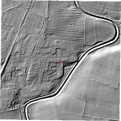 Shaded relief map of the ground around YO323FB, computed from Environment Agency LiDAR. The ground here sits at about 16 m above sea level and falls 8 m across the surrounding 800 m. Surface water reaching this point runs off ground lying to the west-north-west, 3.0 m higher.