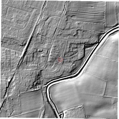 Shaded relief map of the ground around YO323FD, computed from Environment Agency LiDAR. The ground here sits at about 15 m above sea level and falls 9 m across the surrounding 800 m. Surface water reaching this point runs off ground lying to the north-north-west, 3.1 m higher.