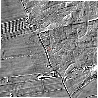 Shaded relief map of the ground around YO323GL, computed from Environment Agency LiDAR. The ground here sits at about 14 m above sea level and falls 6 m across the surrounding 800 m. Surface water reaching this point runs off ground lying to the north-north-east, 2.1 m higher.