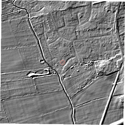 Shaded relief map of the ground around YO323GQ, computed from Environment Agency LiDAR. The ground here sits at about 14 m above sea level and falls 7 m across the surrounding 800 m. Surface water reaching this point runs off ground lying to the north-north-east, 1.1 m higher.