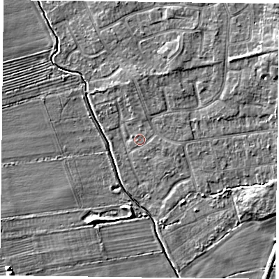 Shaded relief map of the ground around YO323GY, computed from Environment Agency LiDAR. The ground here sits at about 15 m above sea level and falls 6 m across the surrounding 800 m. Surface water reaching this point runs off ground lying to the north, 1.6 m higher.