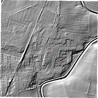 Shaded relief map of the ground around YO323NA, computed from Environment Agency LiDAR. The ground here sits at about 17 m above sea level and falls 8 m across the surrounding 800 m. Surface water reaching this point runs off ground lying to the north, 1.3 m higher.