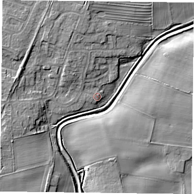 Shaded relief map of the ground around YO323WB, computed from Environment Agency LiDAR. The ground here sits at about 14 m above sea level and falls 8 m across the surrounding 800 m. Surface water reaching this point runs off ground lying to the west-south-west, 1.7 m higher.