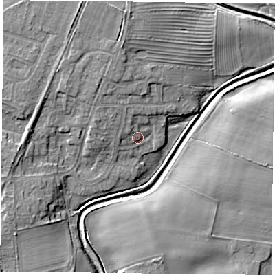 Shaded relief map of the ground around YO323WD, computed from Environment Agency LiDAR. The ground here sits at about 15 m above sea level and falls 8 m across the surrounding 800 m. Surface water reaching this point runs off ground lying to the north-west, 3.1 m higher.