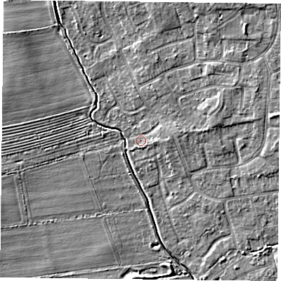 Shaded relief map of the ground around YO323WG, computed from Environment Agency LiDAR. The ground here sits at about 15 m above sea level and falls 4 m across the surrounding 800 m. Surface water reaching this point runs off ground lying to the east, 1.7 m higher.