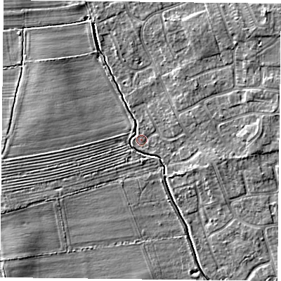 Shaded relief map of the ground around YO323WJ, computed from Environment Agency LiDAR. The ground here sits at about 15 m above sea level and falls 5 m across the surrounding 800 m. Surface water reaching this point runs off ground lying to the west-north-west, 4.0 m higher.