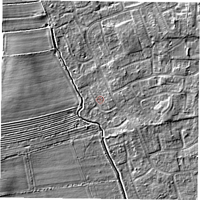Shaded relief map of the ground around YO323WL, computed from Environment Agency LiDAR. The ground here sits at about 15 m above sea level and falls 5 m across the surrounding 800 m. Surface water reaching this point runs off ground lying to the east, 1.0 m higher.