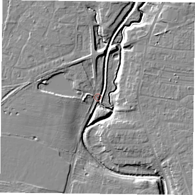 Shaded relief map of the ground around YO324AB, computed from Environment Agency LiDAR. The ground here sits at about 12 m above sea level and falls 8 m across the surrounding 800 m. Surface water reaching this point runs off ground lying to the north-north-east, 6.5 m higher.