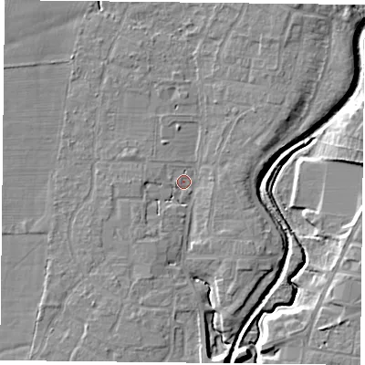 Shaded relief map of the ground around YO324AH, computed from Environment Agency LiDAR. The ground here sits at about 13 m above sea level and falls 8 m across the surrounding 800 m. Surface water reaching this point runs off ground lying to the south-south-west, 2.7 m higher.