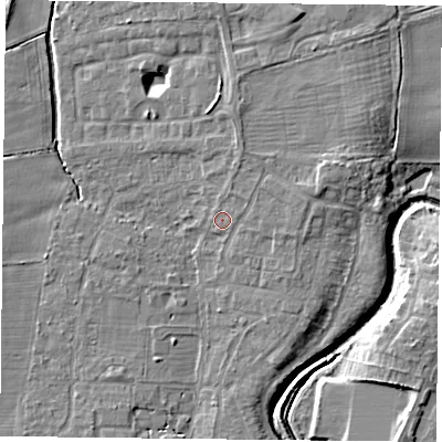 Shaded relief map of the ground around YO324AP, computed from Environment Agency LiDAR. The ground here sits at about 14 m above sea level and falls 8 m across the surrounding 800 m. Surface water reaching this point runs off ground lying to the north-north-east, 1.3 m higher.