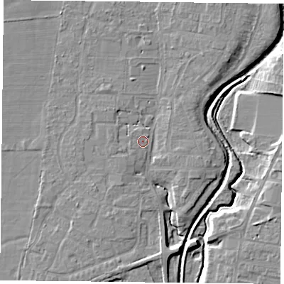 Shaded relief map of the ground around YO324AQ, computed from Environment Agency LiDAR. The ground here sits at about 13 m above sea level and falls 8 m across the surrounding 800 m. Surface water reaching this point runs off ground lying to the west-north-west, 1.0 m higher.