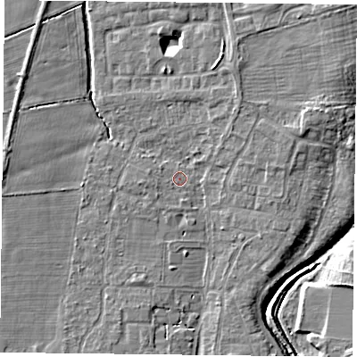 Shaded relief map of the ground around YO324AR, computed from Environment Agency LiDAR. The ground here sits at about 13 m above sea level and falls 8 m across the surrounding 800 m. Surface water reaching this point runs off ground lying to the west, 1.0 m higher.