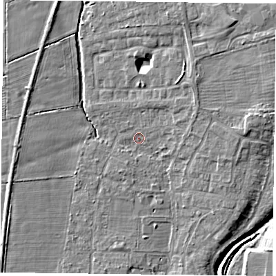 Shaded relief map of the ground around YO324AT, computed from Environment Agency LiDAR. The ground here sits at about 13 m above sea level and falls 8 m across the surrounding 800 m. Surface water reaching this point runs off ground lying to the east-north-east, 2.7 m higher.