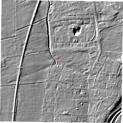 Shaded relief map of the ground around YO324AU, computed from Environment Agency LiDAR. The ground here sits at about 13 m above sea level and falls 8 m across the surrounding 800 m. Surface water reaching this point runs off ground lying to the north-east, 0.9 m higher.