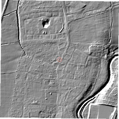 Shaded relief map of the ground around YO324AW, computed from Environment Agency LiDAR. The ground here sits at about 14 m above sea level and falls 8 m across the surrounding 800 m. Surface water reaching this point runs off ground lying to the north-east, 1.3 m higher.